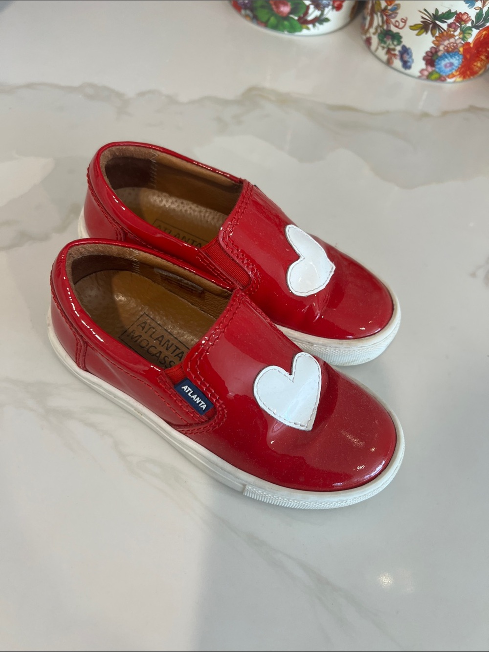 Kids Red Patent Slip-On Sneakers with White Heart Accent by